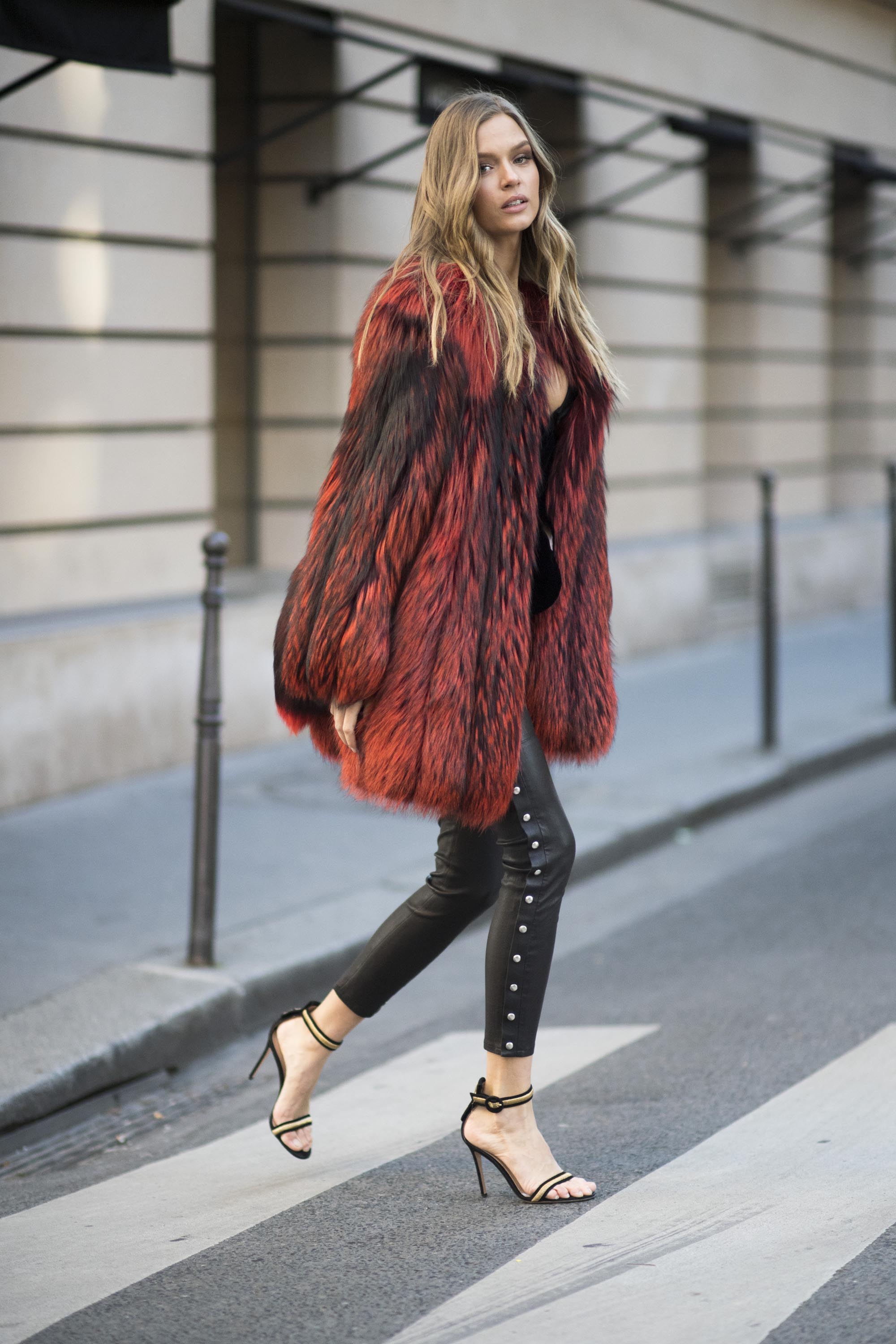 PARIS, FRANCE - NOVEMBER 29:  Josephine Skriver is seen wearing a fake fur coat before the Victorias Secret rehearsal in the streets of Paris on November 29, 2016 in Paris, France.  (Photo by Timur Emek/GC Images)